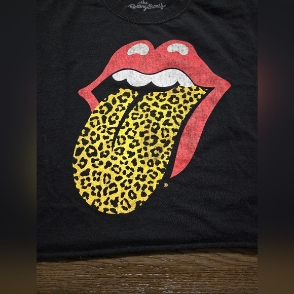 The Rolling Stones Black Cropped Band Tee Animal Print Tongue Size Large - Picture 4 of 6